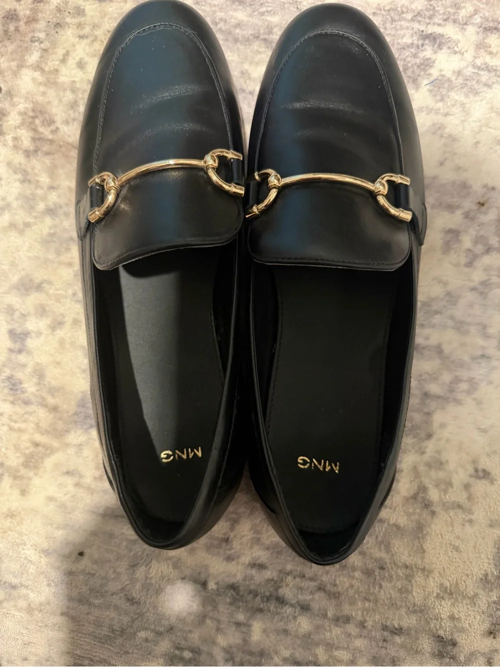 Mango Black Leather Loafers with Gold Horsebit Detail